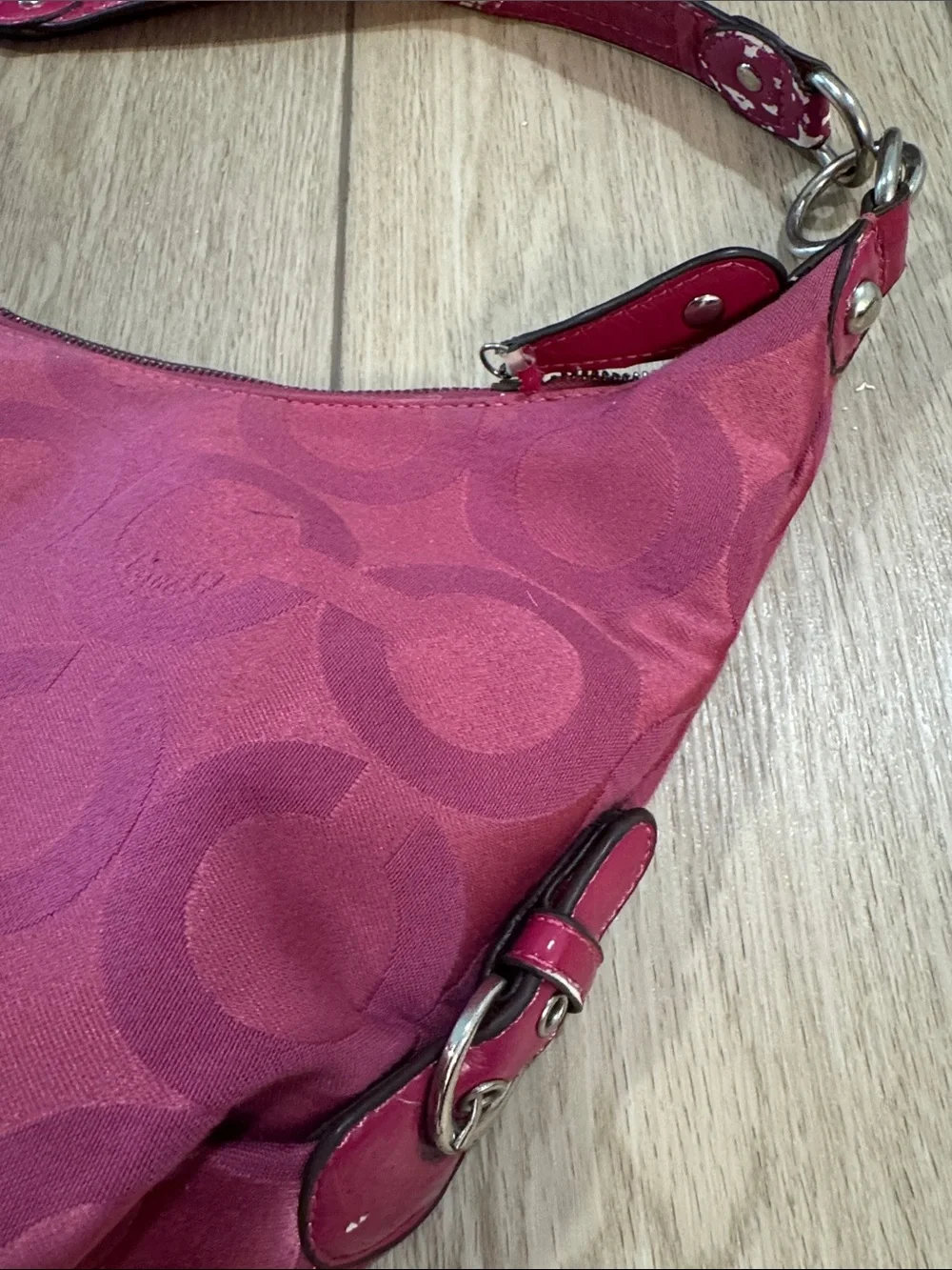 COACH Y2K Distressed Madison Signature Optic Pink Satin Shoulder Hand Bag